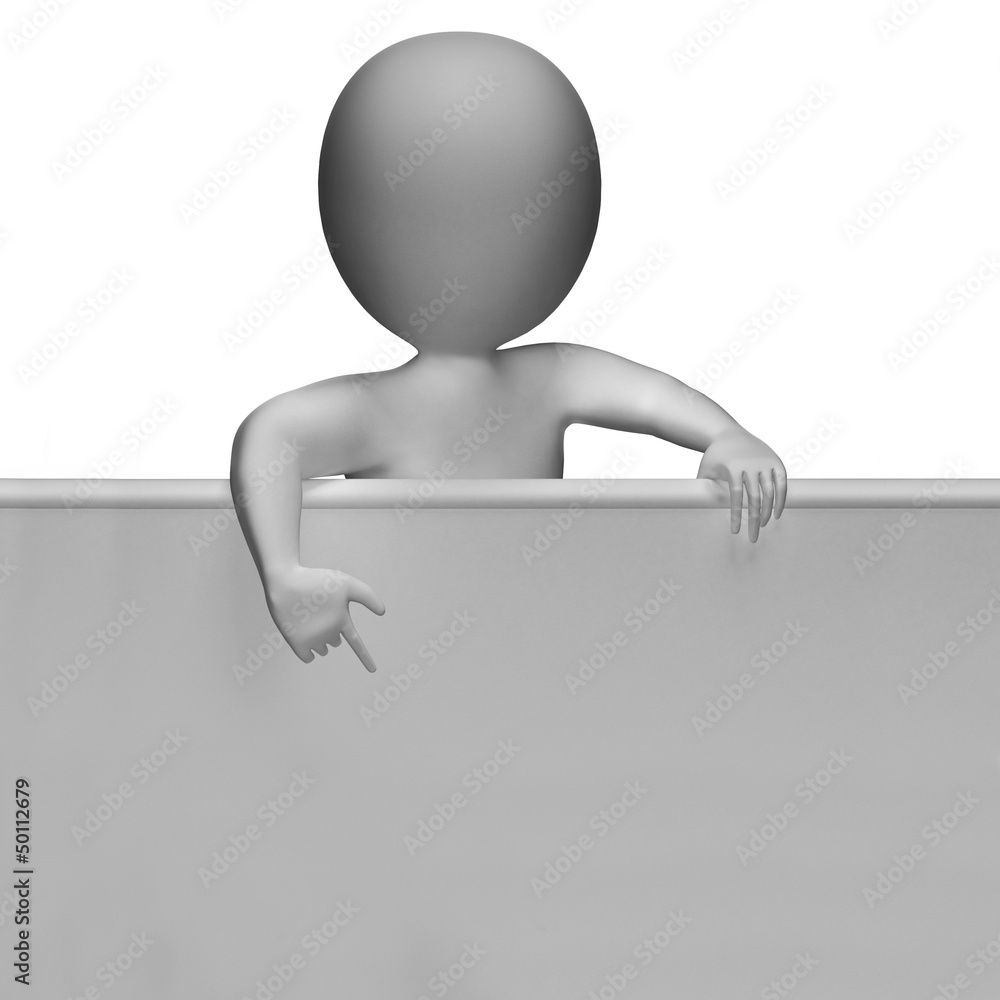 Poster white blank sign with copyspace and 3d character pointing