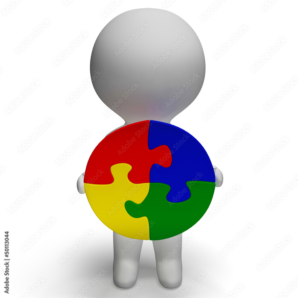 Poster jigsaw solution and 3d character shows solution or wholeness