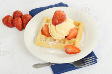 top view ice cream strawberry waffle