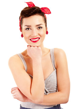 Woman in Pin-up style on white background smiling