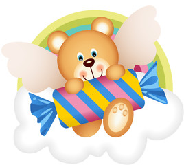 Ange ours en peluche avec des bonbons sur le nuage