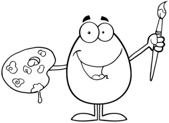Outlined Smiling Easter Egg Painter With A Brush And Palette