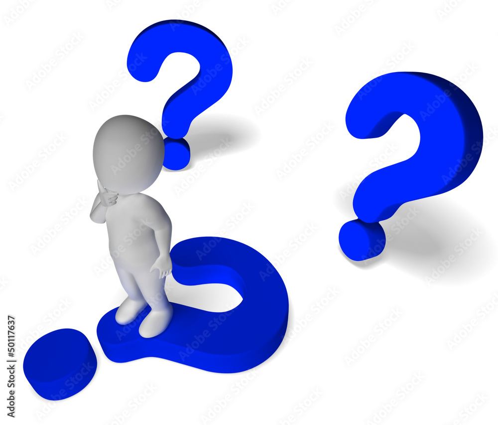 Poster question marks around man showing confusion and not sure