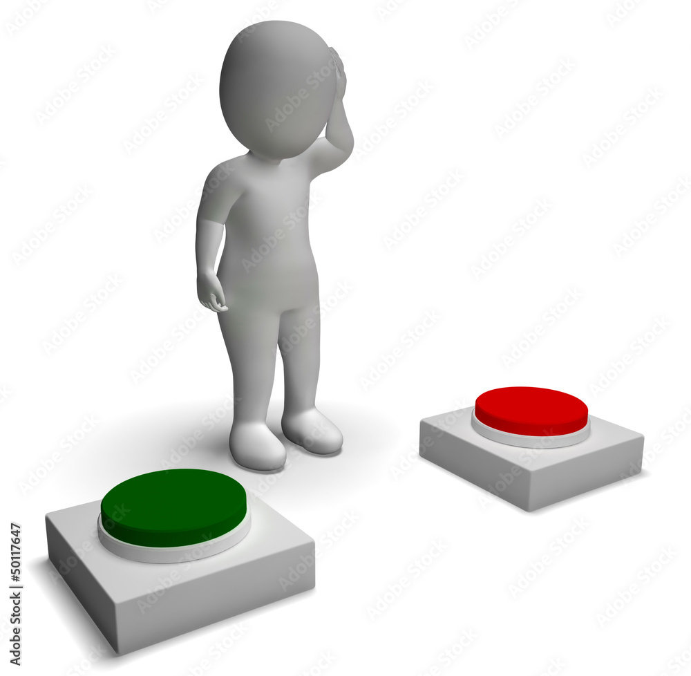 Poster choice of pushing buttons 3d character showing indecision
