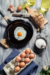 Papier Peint photo Lavable Oeufs sur le plat Preparations for breakfast made up of eggs