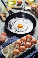 Papier Peint photo Oeufs sur le plat Eggs for breakfast fried on a pan