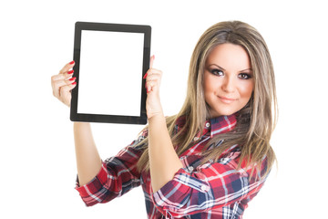 Young student showing blank digital tablet screen