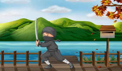 Fotobehang Een grijze ninja met een scherp zwaard bij de houten brievenbus © GraphicsRF
