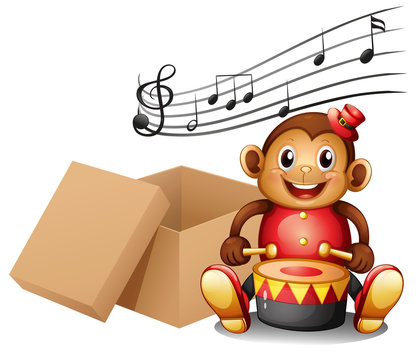 A monkey playing with musical notes and an empty box