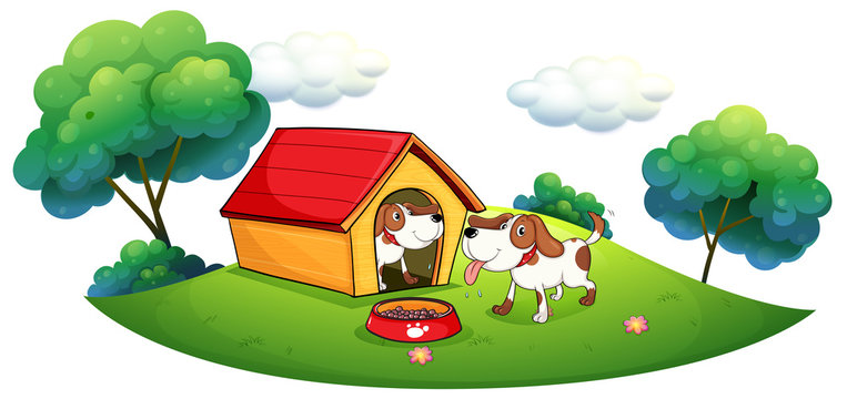 Two puppies with a doghouse