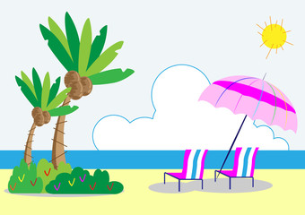 Coconut trees and beach chair - vector