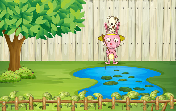 A bunny and a puppy fishing at the pond