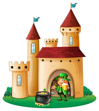 A castle with an old man and a pot of coin