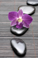 orchid and line Stones on bamboo stick straw mat