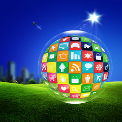 Computer icons on green grass with  blue sky