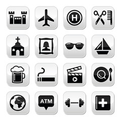 Travel tourism and transport vector buttons set
