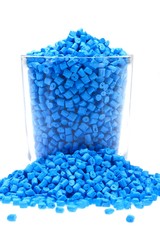 Blaues Masterbatch Kunststoffgranulat im Glas