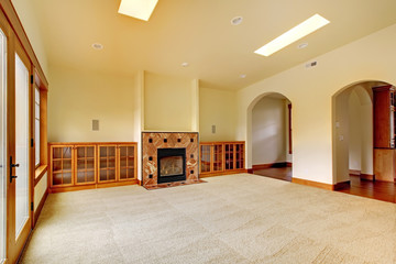Large empty room with fireplace and shelves.