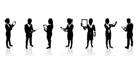 business people holding tablet screens