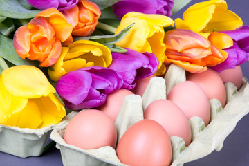 Obraz na płótnie Canvas tulip flowers and eggs on grey