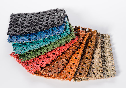 Natural italian leather multicoloured samples on white background.