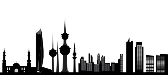 kuwait skyline with tower mosk and other buildings
