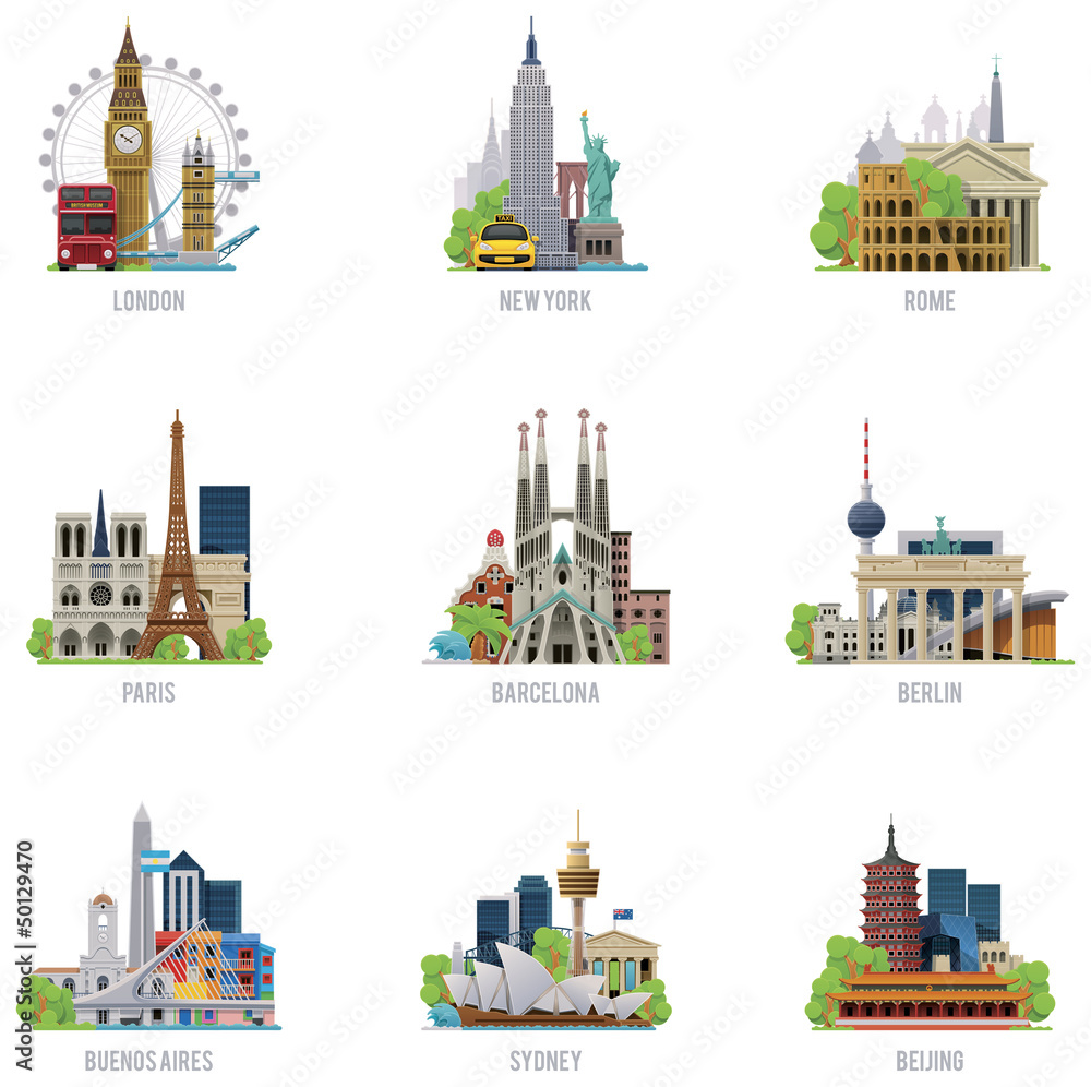 Wall mural Vector travel destinations icon set