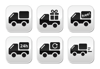 Delivery car, shipping vector buttons set