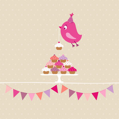 Flying Pink Bird 10 Cupcakes Festoons Beige Dots