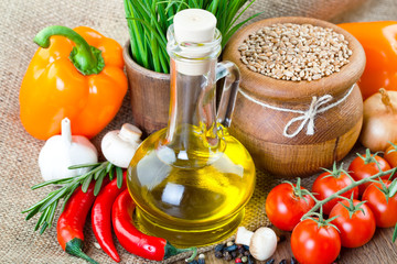 The composition of the pasta and vegetables on background