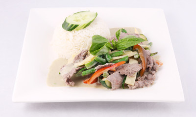Beef green curry with rice, Thai food.