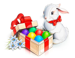 easter rabbit bunny and box with eggs illustration isolated on
