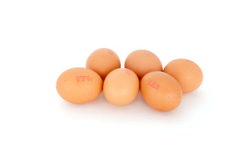 six oeufs frais datés du jour de ponte en vrac fond blanc