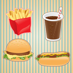 Fast food icon of burger, french-fry and drink.