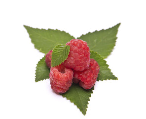 heap of ripe raspberries with leaves