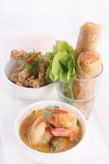 Thai food set with rice and spring roll.