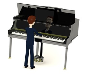 3d render of cartoon character playing on clavier