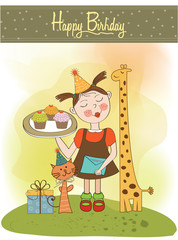 Happy Birthday card with funny girl, animals and cupcakes