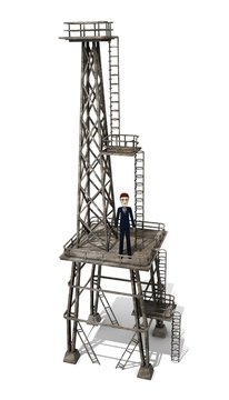 3d render of cartoon character on industrial tower