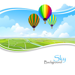 Hot air balloons , Blue sky and Green fields