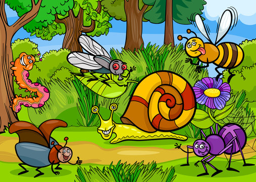 cartoon insects on nature rural scene