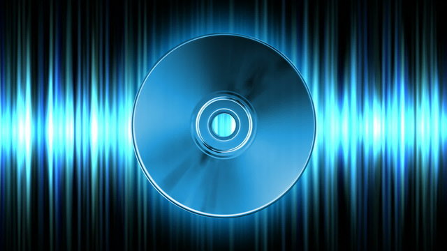 Rotating blue CD over audio waveform (seamless loop)