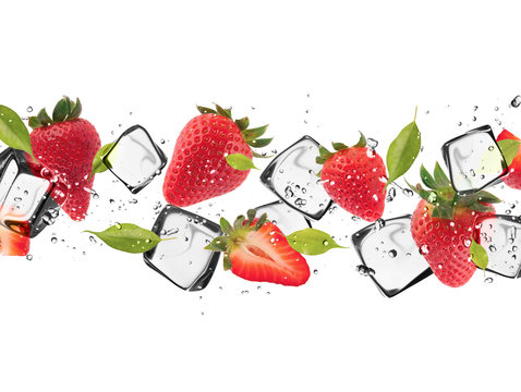  Strawberries with ice cubes, isolated on white background