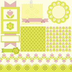 Scrapbook elements. Cute seamless patterns included.