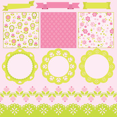 Scrapbook elements. Cute seamless patterns included.
