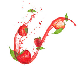 Strawberries in splash, isolated on white background