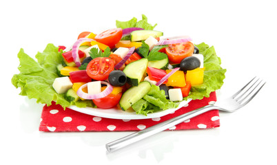 Tasty Greek salad isolated on white