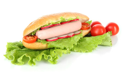 Tasty hot dog with vegetables isolated on white