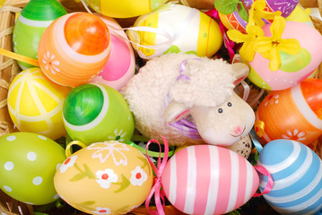 easter basket with eggs and sheep figurine