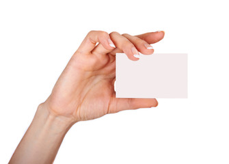 Female hand with a blank card isolated